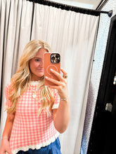 Load image into Gallery viewer, Gingham Knit Ruffle Short Sleeve Sweater Top
