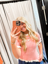 Load image into Gallery viewer, Gingham Knit Ruffle Short Sleeve Sweater Top
