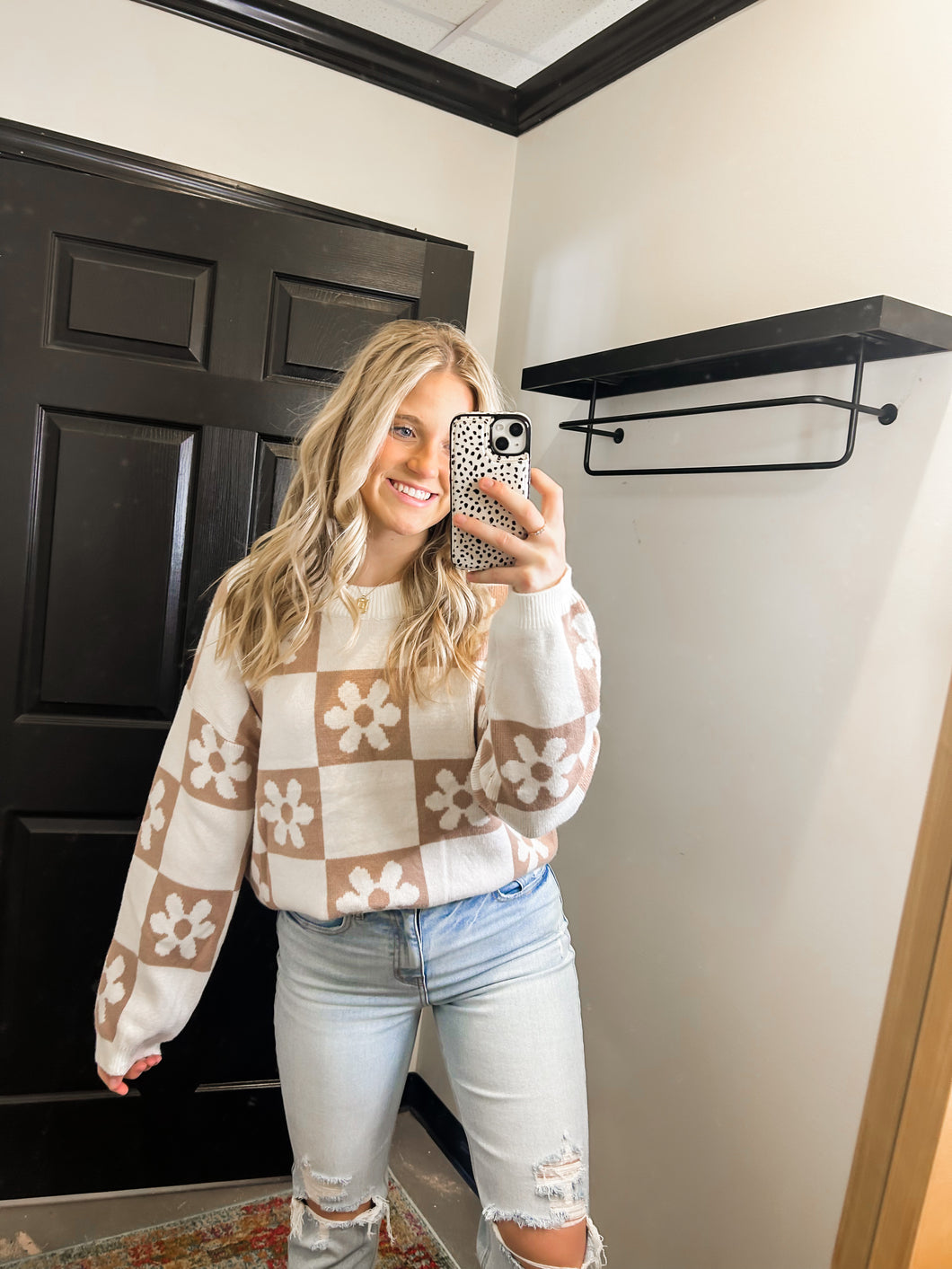 Keeping it Groovy Checkered Floral Sweater
