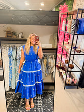 Load image into Gallery viewer, EMBROIDERED FLORAL CONTRAST TIERED MIDI DRESS
