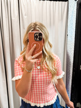 Load image into Gallery viewer, Gingham Knit Ruffle Short Sleeve Sweater Top
