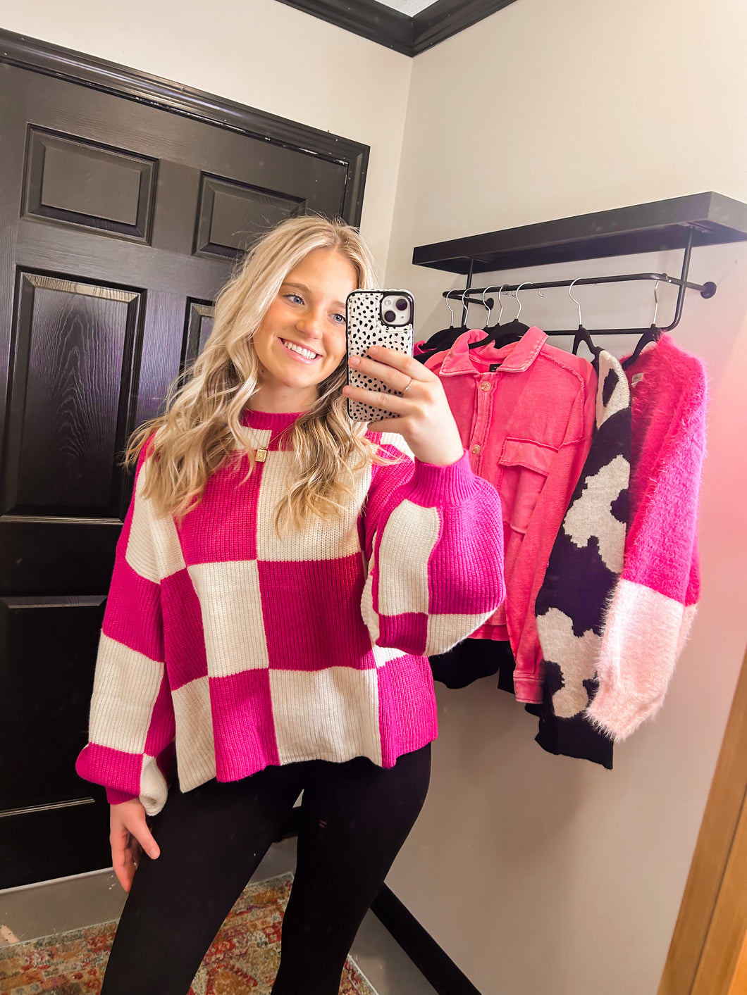 Coming in Hot Pink Checkered Sweater