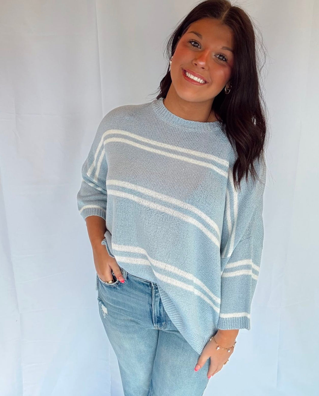 DROP SHOULDER STRIPED SWEATER TOP: Slate Blue