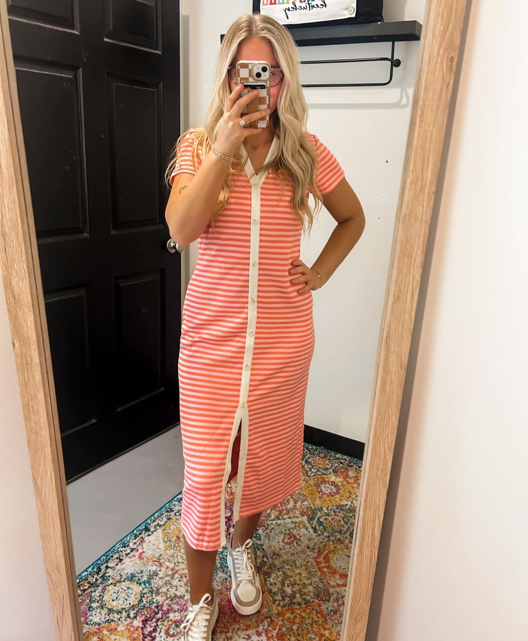 Striped button up midi dress