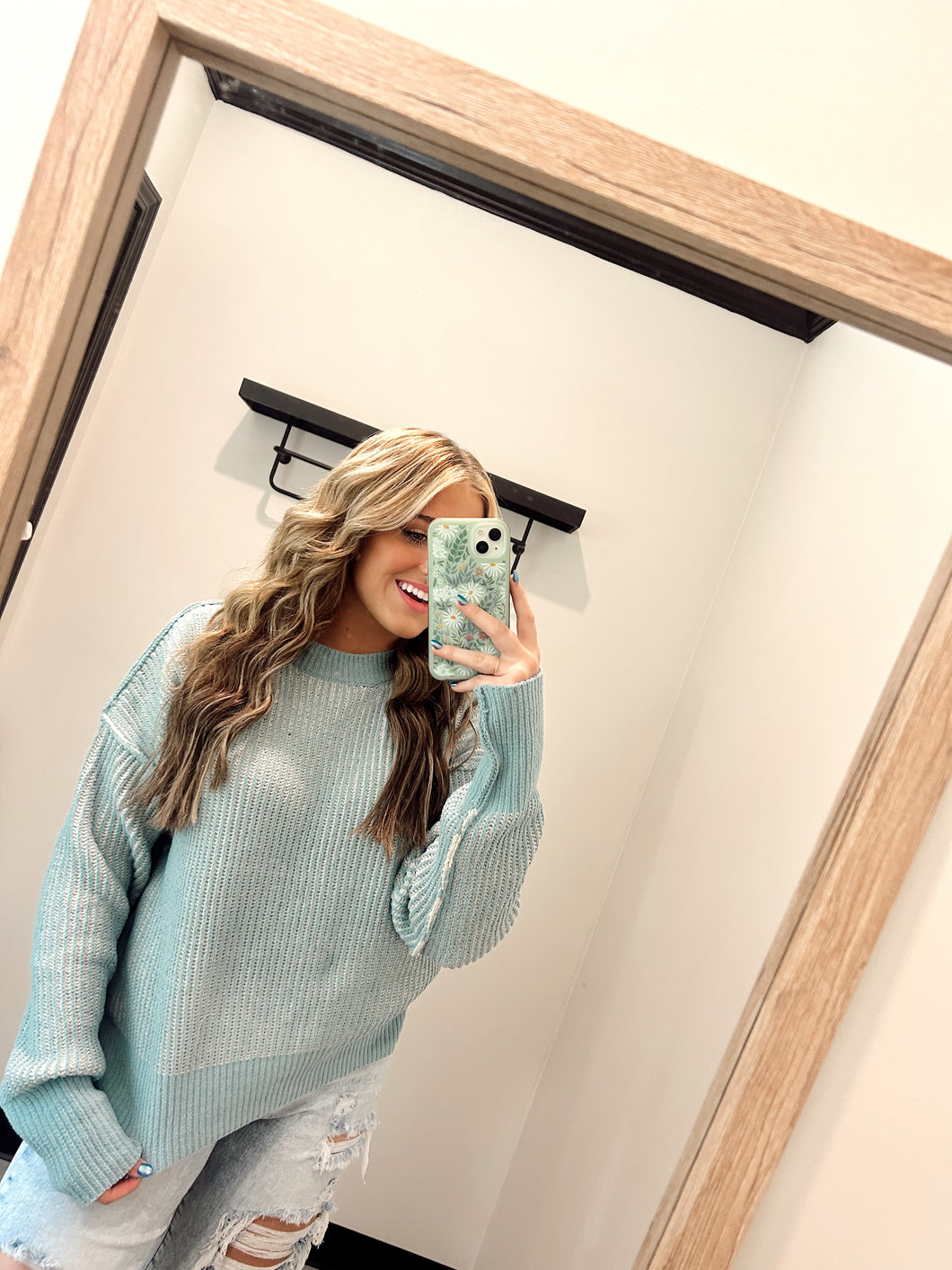 two-tone sage blue sweater