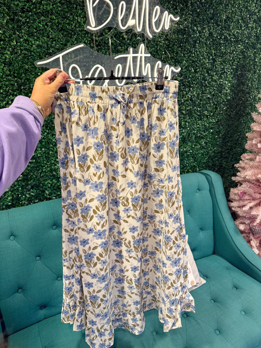 Floral ruffle hem midi skirt
