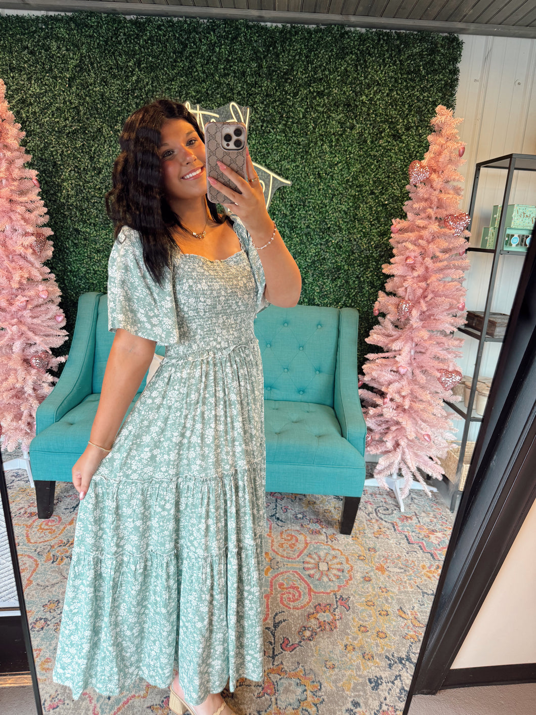 Smocked Floral Square Neck Maxi In Green