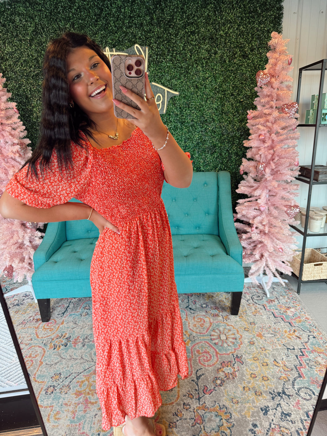 Women’s Cinched Cuff Square Smocked Midi Dress