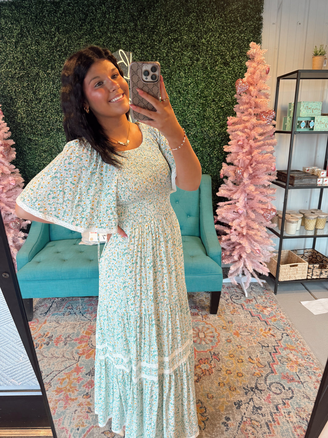 Smocked Flutter Sleeve Maxi Dress In Green