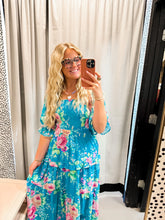 Load image into Gallery viewer, SMOCKING BODICE GARDEN FLORAL CHIFFON MAXI DRESS: SEA FOAM
