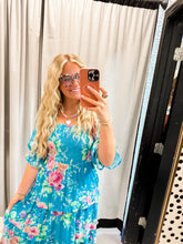 Load image into Gallery viewer, SMOCKING BODICE GARDEN FLORAL CHIFFON MAXI DRESS: SEA FOAM
