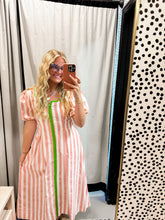 Load image into Gallery viewer, CD06664-Striped Contrast Piping Detail Square Neck Dress: Pink
