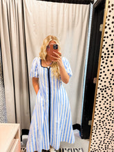Load image into Gallery viewer, CD06664-Striped Contrast Piping Detail Square Neck Dress: Blue
