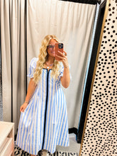 Load image into Gallery viewer, CD06664-Striped Contrast Piping Detail Square Neck Dress: Blue
